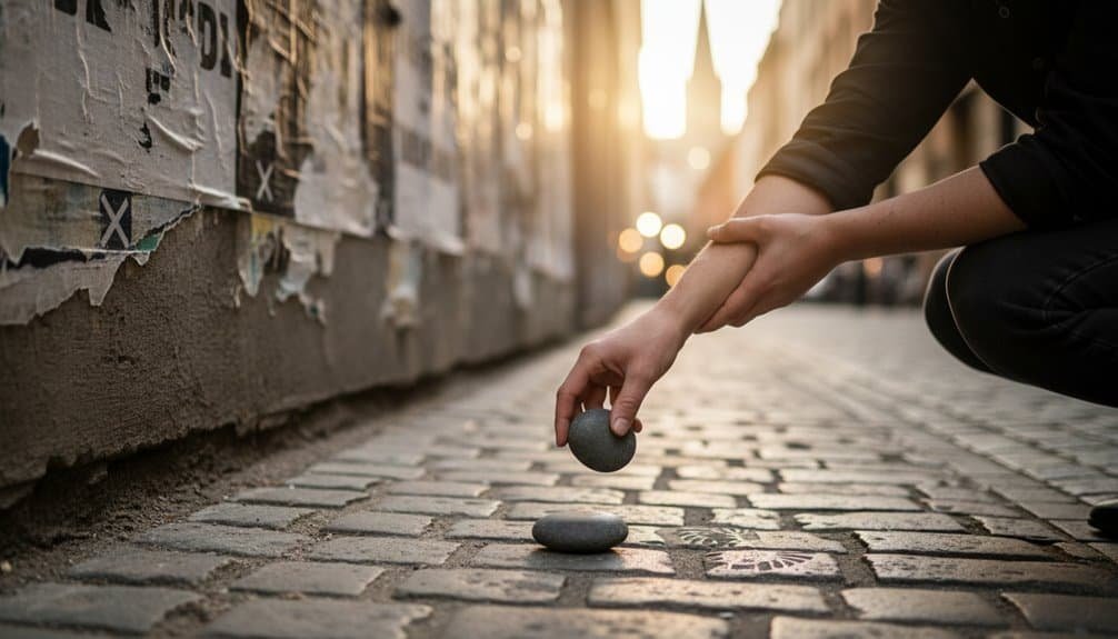 Alt text: Person kneeling on cobblestone street placing smooth stones, symbolizing prayer and spiritual growth amid city life.