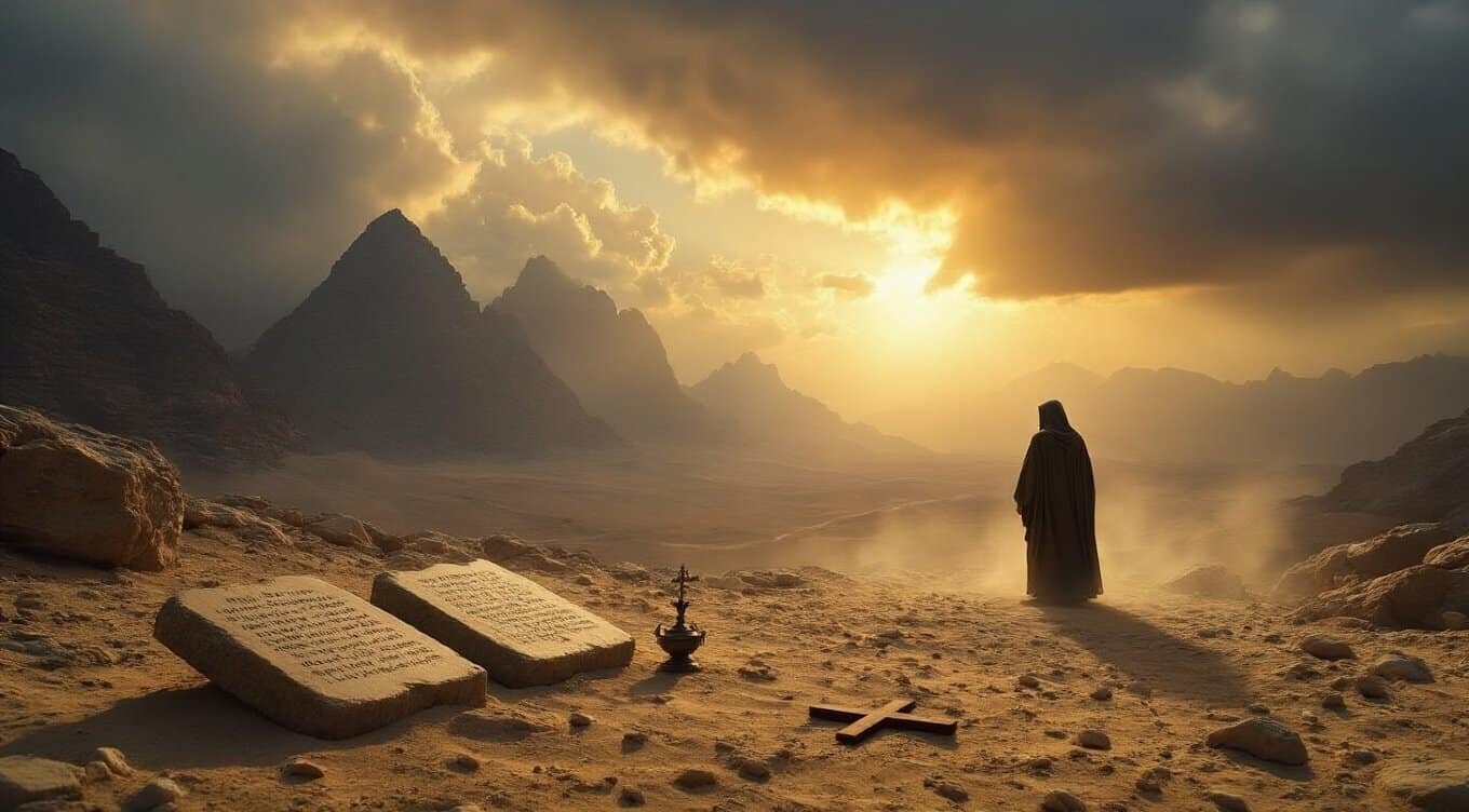 Jesus praying in solitude at sunrise over desert mountains, biblical scene emphasizing faith, prayer, and spiritual hope inspired by Scripture, sunset light, serene atmosphere, and religious imagery.