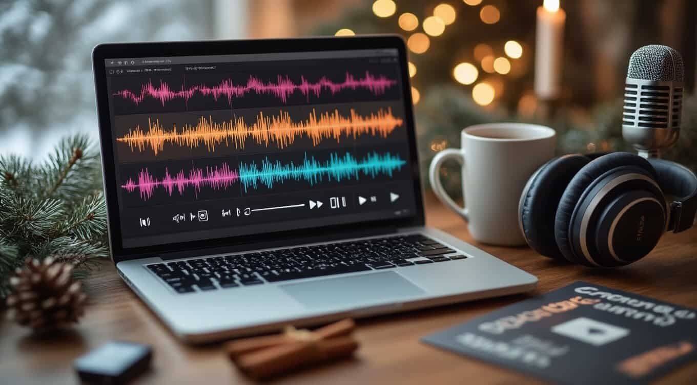 Inspirational Christian music and Bible songs playback on a laptop, with headphones, microphone, and coffee, perfect for worship, prayer, and spiritual upliftment.
