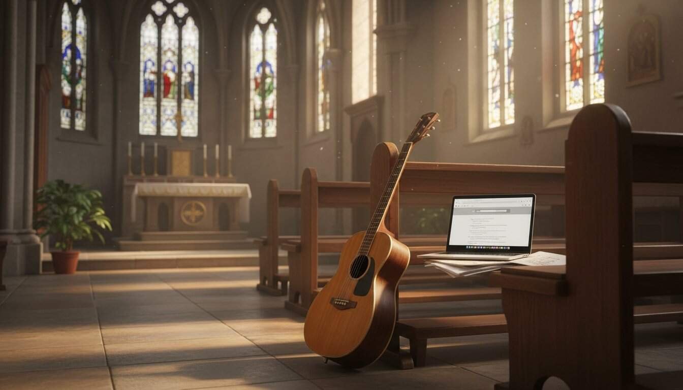 Inspiring church setting with guitar, laptop, and hymn sheets, perfect for worship sessions. Bright stained glass windows create a serene atmosphere for prayer and musical praise.