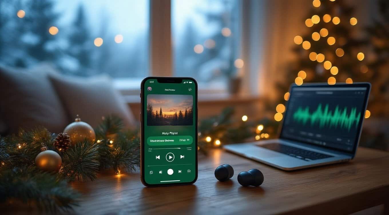 A cheerful Christmas scene with a smartphone playing Bible songs, a laptop with audio editing software, Christmas ornaments, and festive lights for enhanced spiritual holiday reflection.