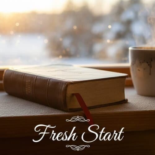 Steaming cup of coffee, Bible, and sunrise view from the window, symbolizing spiritual renewal and fresh beginnings with Christian melodies from My Bible Song.