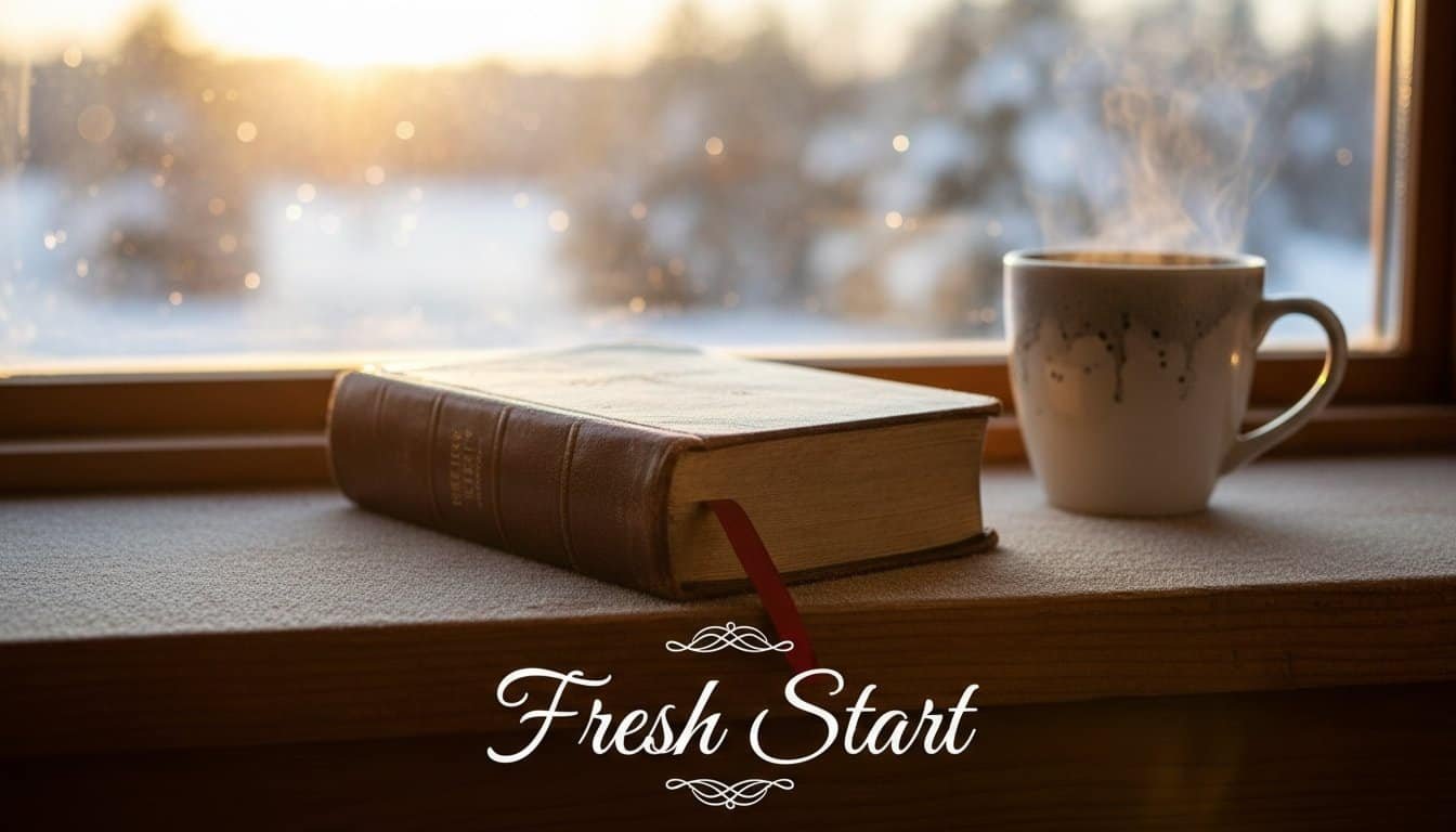 Steaming cup of coffee, Bible, and sunrise view from the window, symbolizing spiritual renewal and fresh beginnings with Christian melodies from My Bible Song.