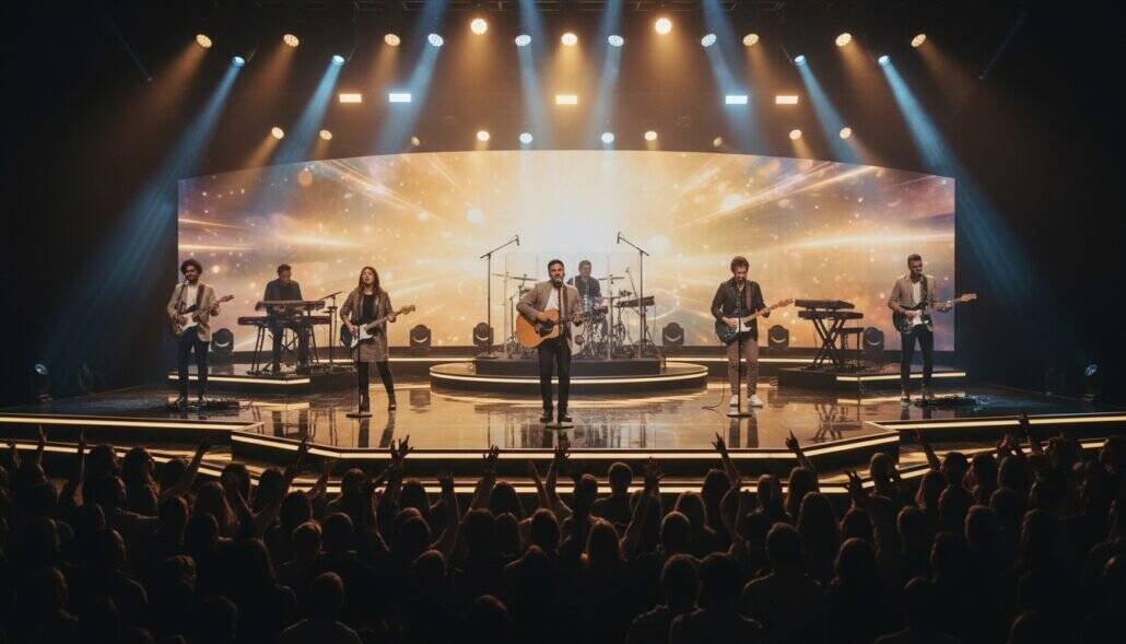 A dynamic band performs live Christian worship music on stage with vibrant lighting and a digital backdrop, inspiring faith and spiritual connection among the audience.