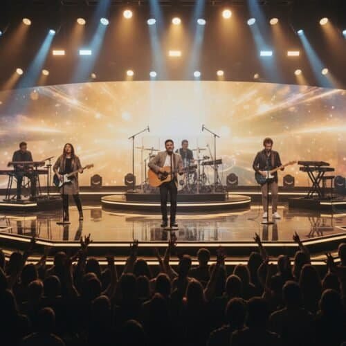 Modern Worship Songs 2025: Fresh Releases for Your Setlist My Bible Song 2026 A dynamic band performs live Christian worship music on stage with vibrant lighting and a digital backdrop, inspiring faith and spiritual connection among the audience.