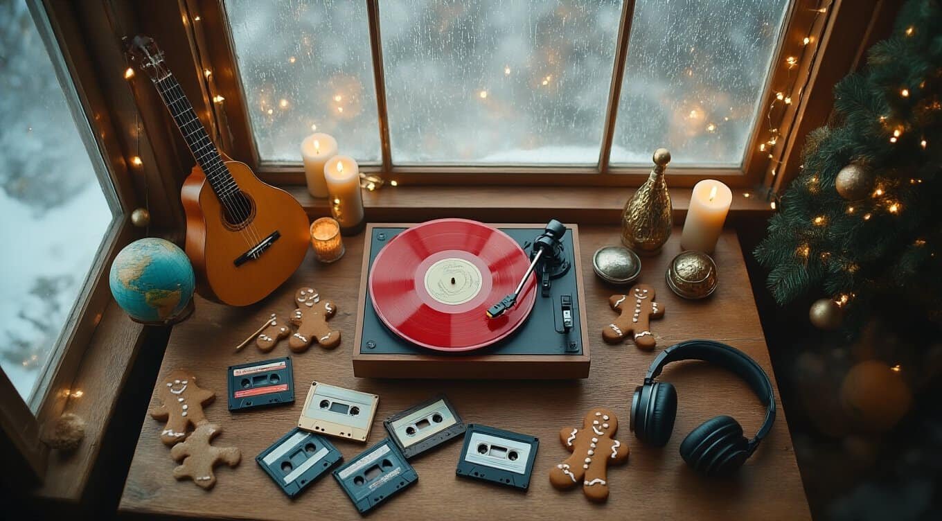 1. Vintage record player with Christmas decorations, gingerbread cookies, and cassette tapes on wooden table for holiday music and gospel songs.