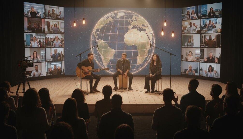 Inspirational Christian worship performance with musicians and audience engaging in faith-based singing, streamed through virtual platforms with global participants, emphasizing spiritual connection.