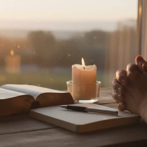 Praying with open hands by candlelight and open Bible at sunset, spreading peace and faith.