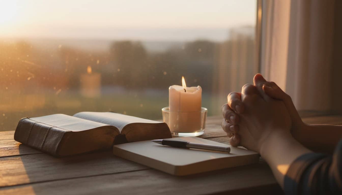 Praying with open hands by candlelight and open Bible at sunset, spreading peace and faith.
