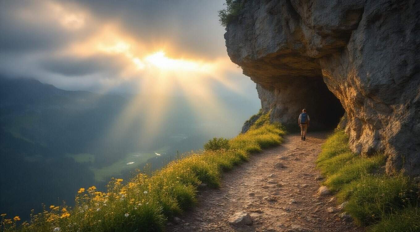 An inspiring image of a hiker walking along a mountain trail near a cave at sunset, symbolizing faith, hope, and spiritual journey, with sunlight streaming through clouds over lush green landscape.