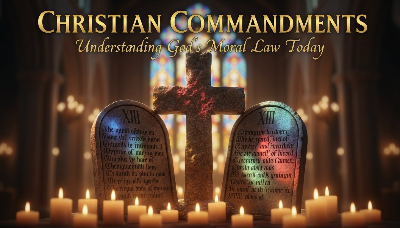 A church altar with a cross, illuminated candles, and two tablets inscribed with Christian commandments, highlighting faith, Christian teachings, and biblical moral law.