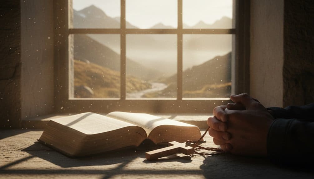 A person praying with hands clasped near an open Bible and cross, emphasizing faith, prayer, and spiritual reflection, set against a scenic mountain landscape through a window.