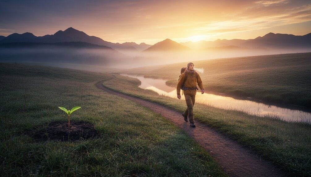 Peaceful outdoor scene of a person walking along a river trail during sunrise, symbolizing faith, hope, and spiritual growth inspired by Bible-based songs and worship.