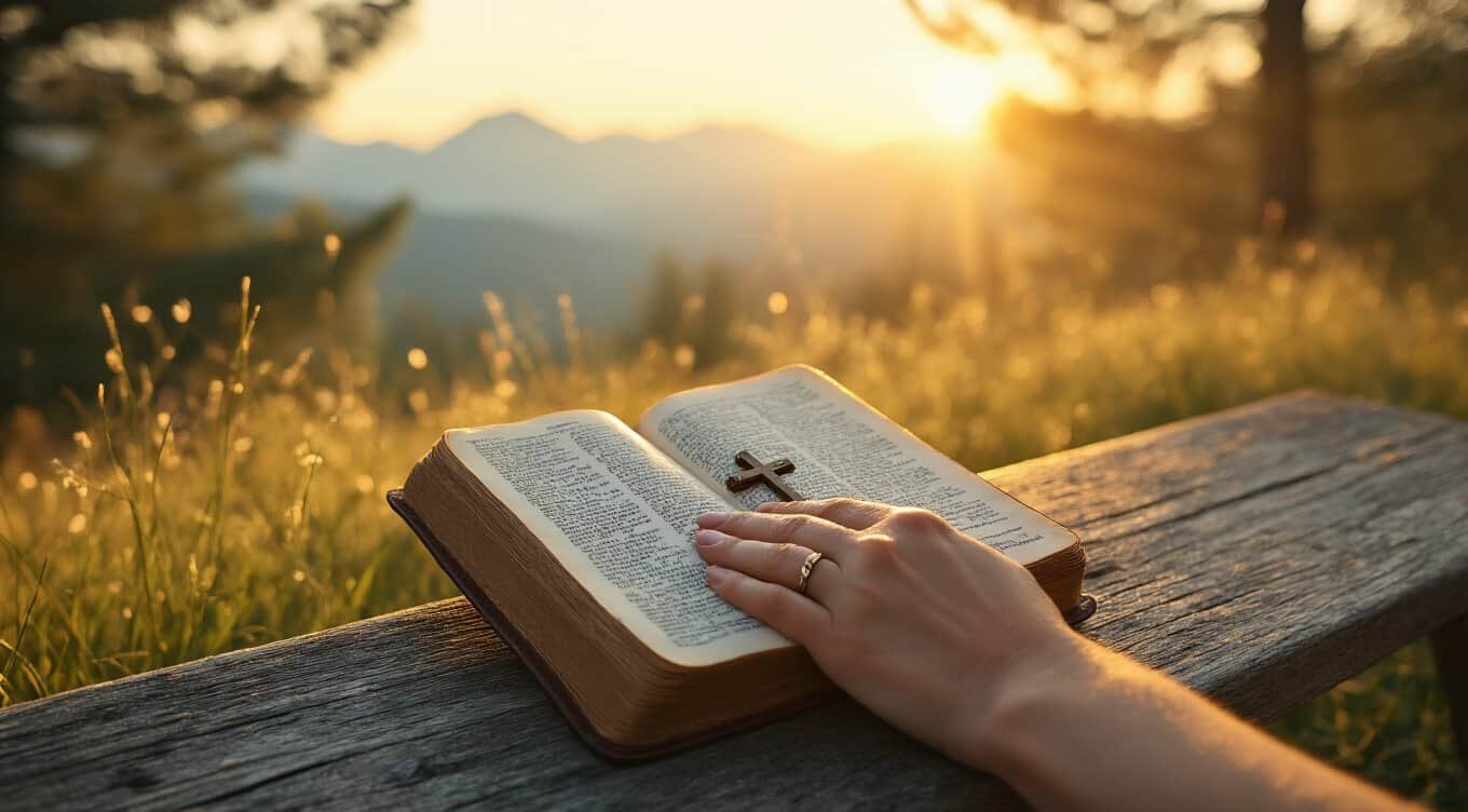 Christian Verses to Memorize Short Scriptures for Daily Strength My Bible Song 2026 Hand resting on open Bible with a cross, outdoors at sunset, symbolizing faith and devotion, inspiring spiritual connection and prayer in nature.