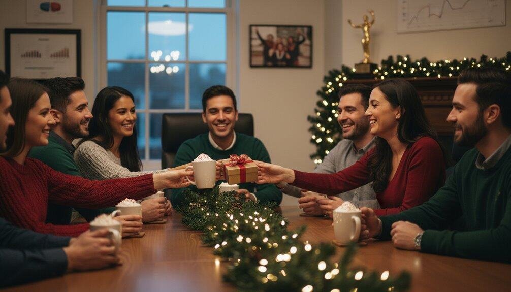 A group of friends gathered around a Christmas dinner table exchanging gifts, smiling, and celebrating the holiday season. The cozy ambiance features warm lighting, holiday decorations, and festive decoration including a Christmas tree, creating a joyful atmosphere perfect for sharing and celebrating Christmas with loved ones.