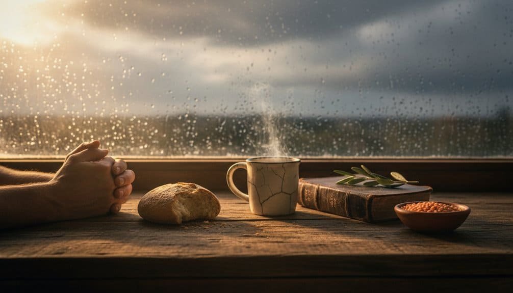 Steaming coffee, prayer hands, Bible, and bread by rain-streaked window, inspiring daily faith, reflection, and spiritual growth with My Bible Song resources.