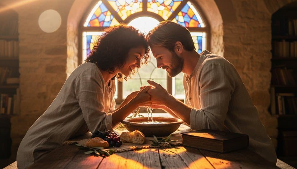 Inspiring Christian song love and faith, worship, prayer, spiritual connection, church, Bible, and Jesus, depicted through joyful worship and prayerful connection in a serene church setting.