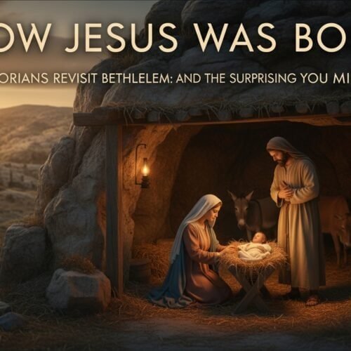 Peaceful Nativity scene depicting baby Jesus, Mary, Joseph, and stable animals in a Bethlehem setting at sunset, celebrating the birth of Jesus Christ.