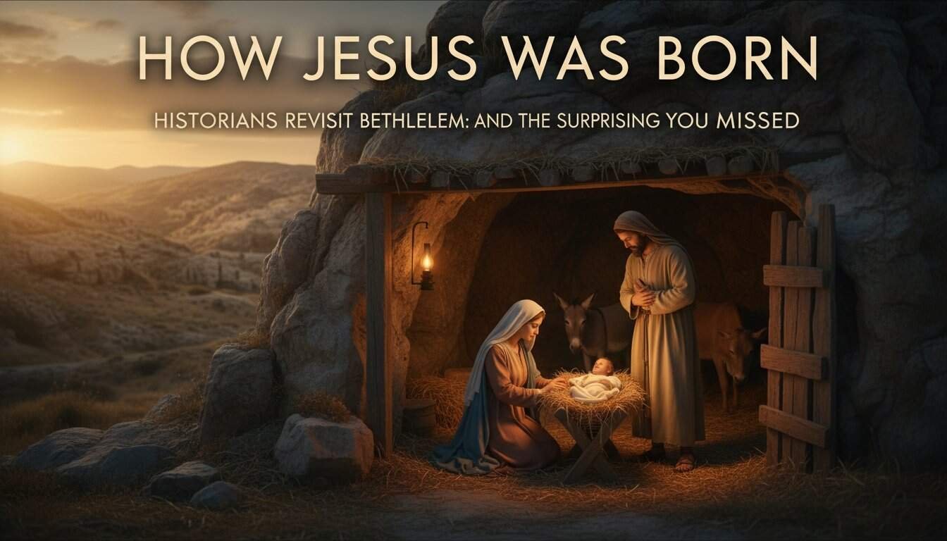 Peaceful Nativity scene depicting baby Jesus, Mary, Joseph, and stable animals in a Bethlehem setting at sunset, celebrating the birth of Jesus Christ.