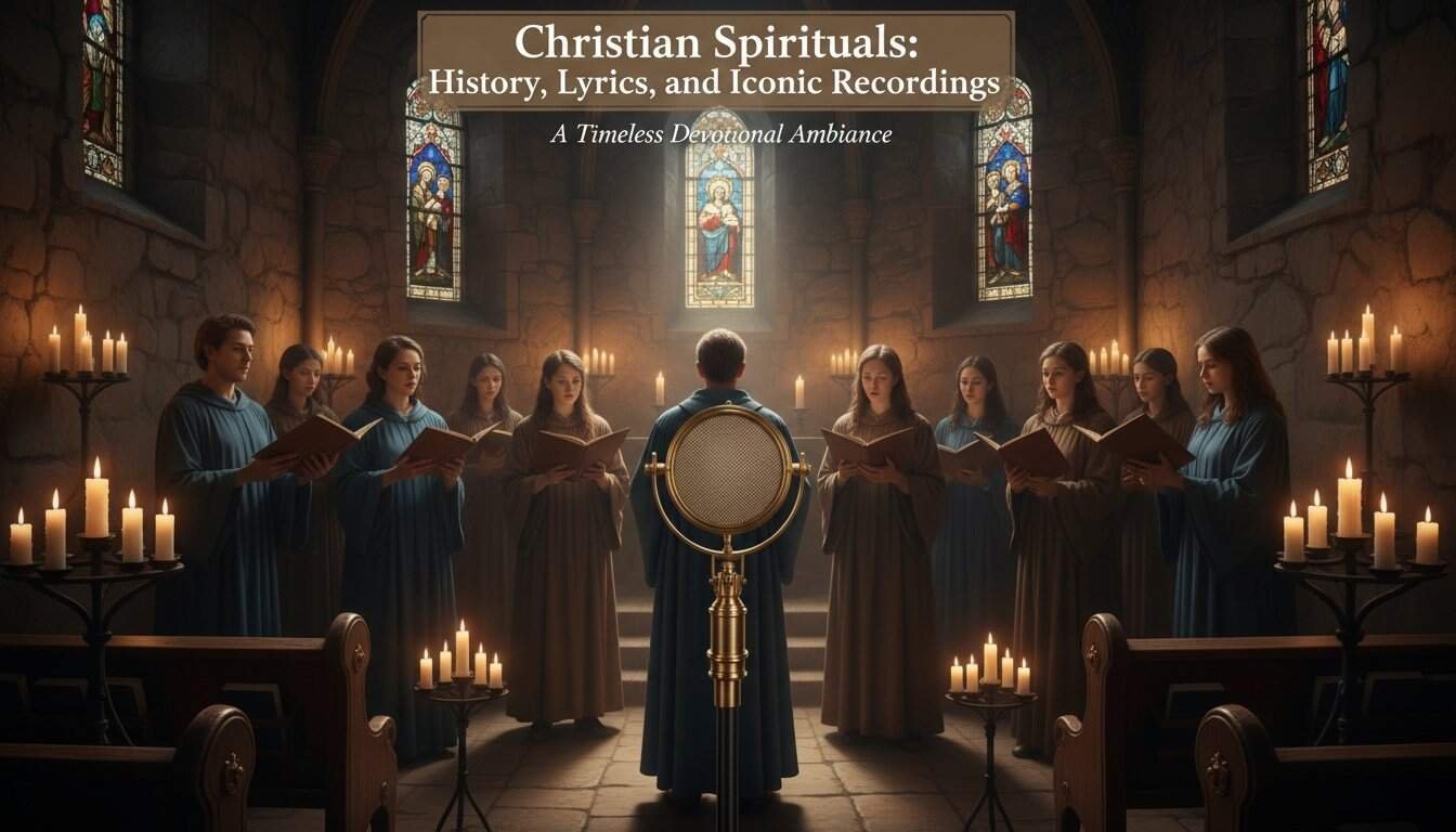 A choir of young adults dressed in blue and brown robes singing hymns during a church service, illuminated by candles in a historic stone church with stained glass windows.