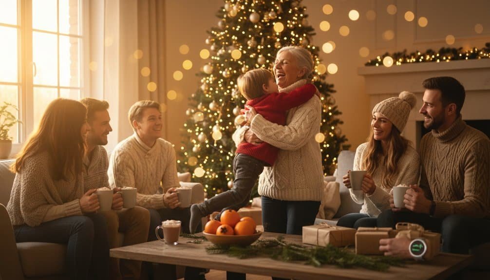 Festive family gathering celebrating Christmas with a decorated tree, cozy sweaters, and warm drinks, creating joyful holiday memories.