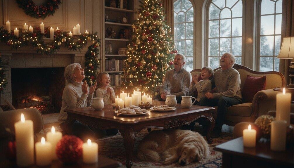 A happy family celebrating Christmas in a cozy living room with a decorated tree, candles, and festive decoration, enjoying joyful singing and holiday cheer together.