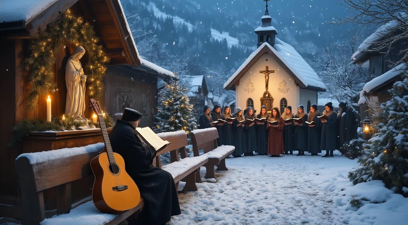 1. A man playing guitar and singing Christmas carols outdoors next to a statue of Mary in a snowy church yard, creating a festive and spiritual atmosphere.