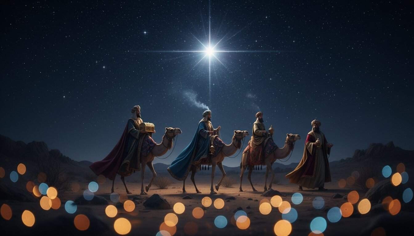 Bright star over wise men traveling through desert night offering gifts, biblical scene, night sky with shining star, religious imagery, Christmas, nativity, spiritual journey, biblical figures, guided by star, worship, Christian tradition, sacred scene.