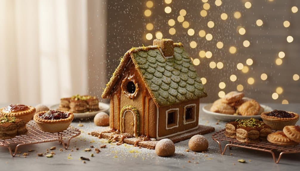 Detailed image of a gingerbread house shaped like a church, decorated with icing, surrounded by assorted Christmas cookies on cooling racks, festive holiday dessert display, warm holiday atmosphere with bokeh lights in the background.