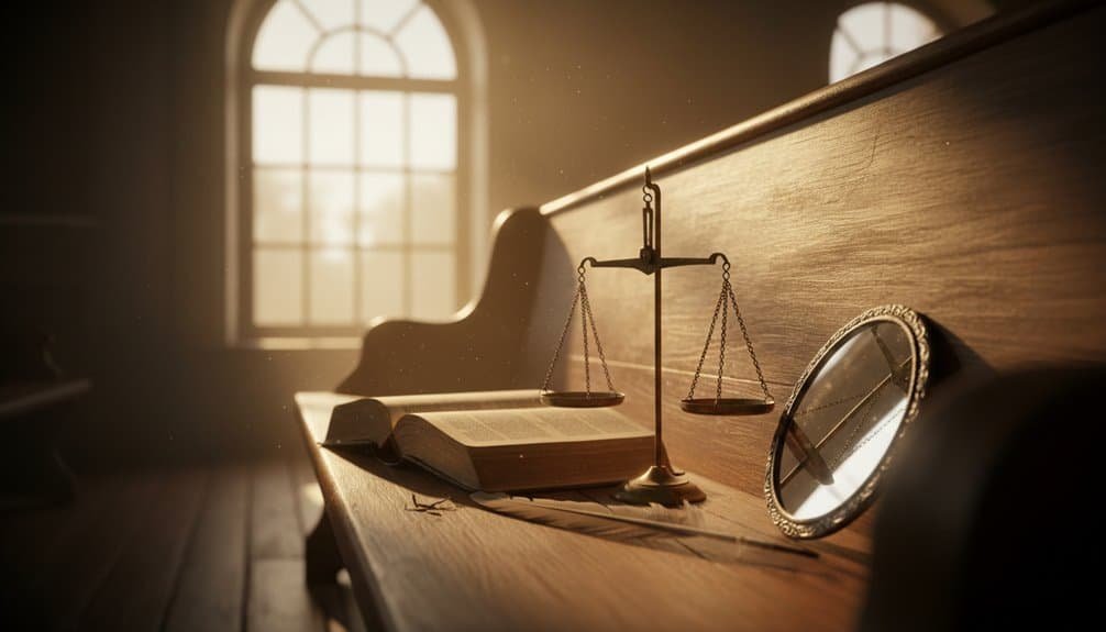 Bible and scales of justice on a wooden church pew, evoking faith and righteousness. Perfect for Christian worship, spiritual reflection, and biblical learning.