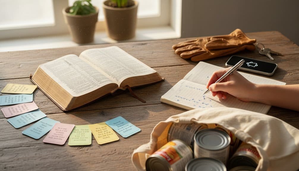 Detailed alt text including bible, notes, and study supplies.