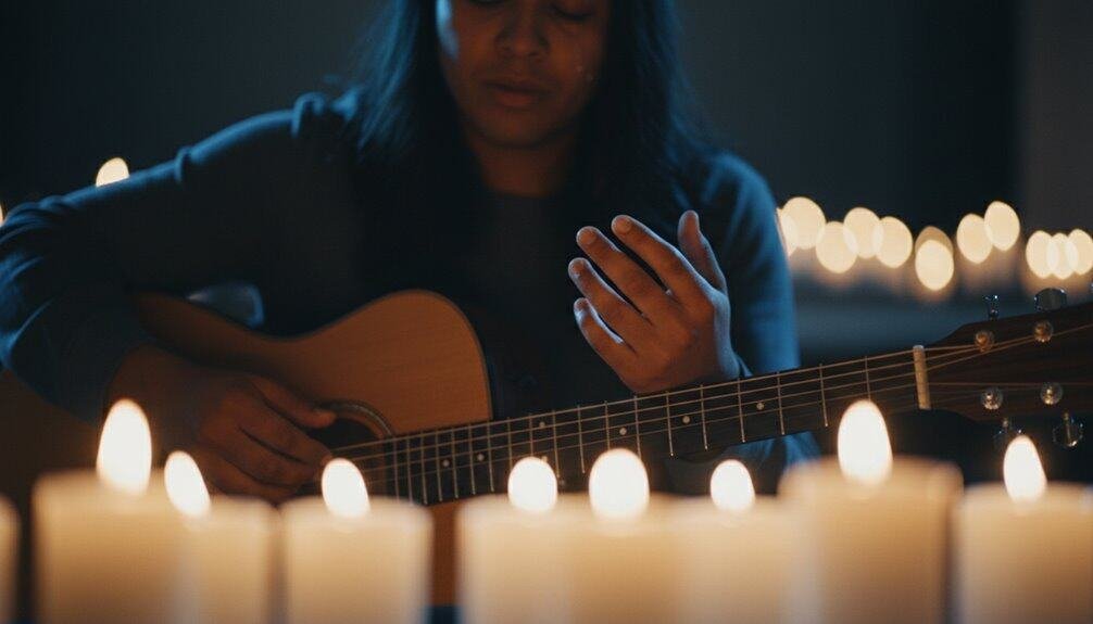 Best of 2025 Praise and Worship Songs Lyrics My Bible Song 2026 A woman playing guitar and singing with candles around, creating a serene atmosphere for prayer and worship, emphasizing spiritual connection and devotion.