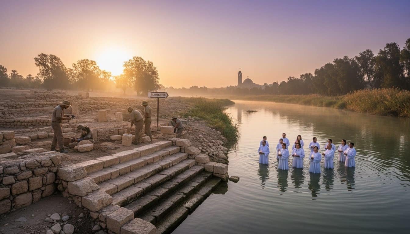 Ancient Jordan River baptism site at sunset with congregation in water, symbolizing spiritual renewal and faith. Ideal for Christian worship, gospel outreach, and religious imagery.