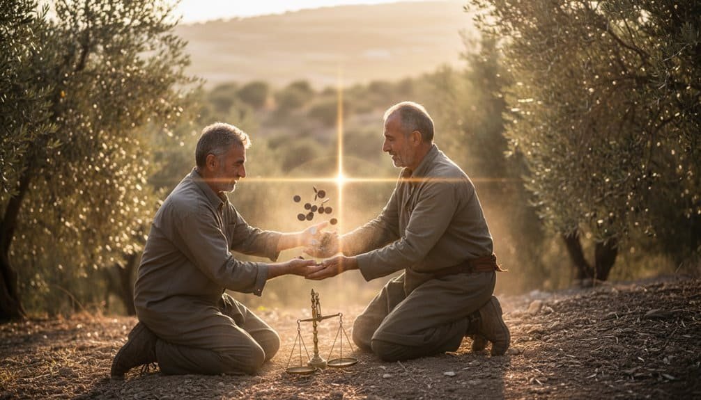 Two men kneeling in an olive grove exchanging coins, symbolizing charity and faith, with a glowing cross in the background. Perfect for promoting Christian values, biblical inspiration, and faith-based content.