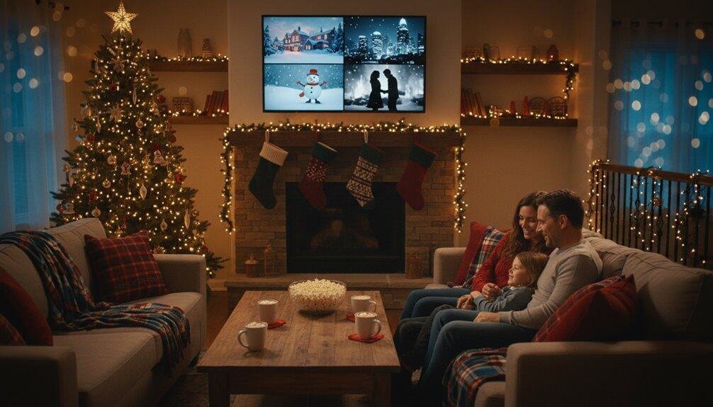 Festive Christmas living room with family watching TV, decorated Christmas tree, stockings, and cozy warm atmosphere for holiday celebrations.