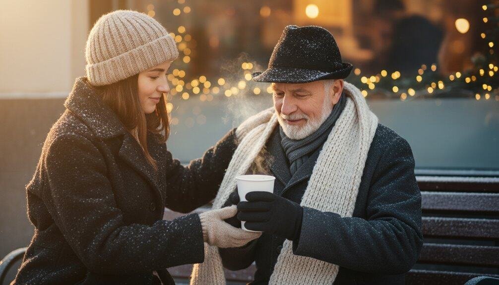 A young woman and elderly man sharing a hot beverage on a chilly winter day with festive lights in the background, symbolizing faith, warmth, and spiritual connection for Christian families and church communities.
