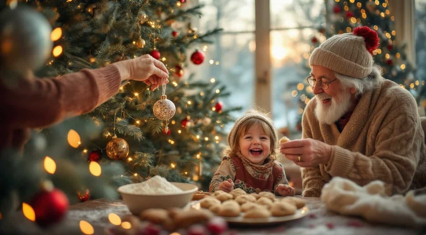 A happy family enjoying Christmas together, decorating cookies in front of a beautifully decorated Christmas tree with glowing lights and ornaments, capturing holiday cheer and family bonding.