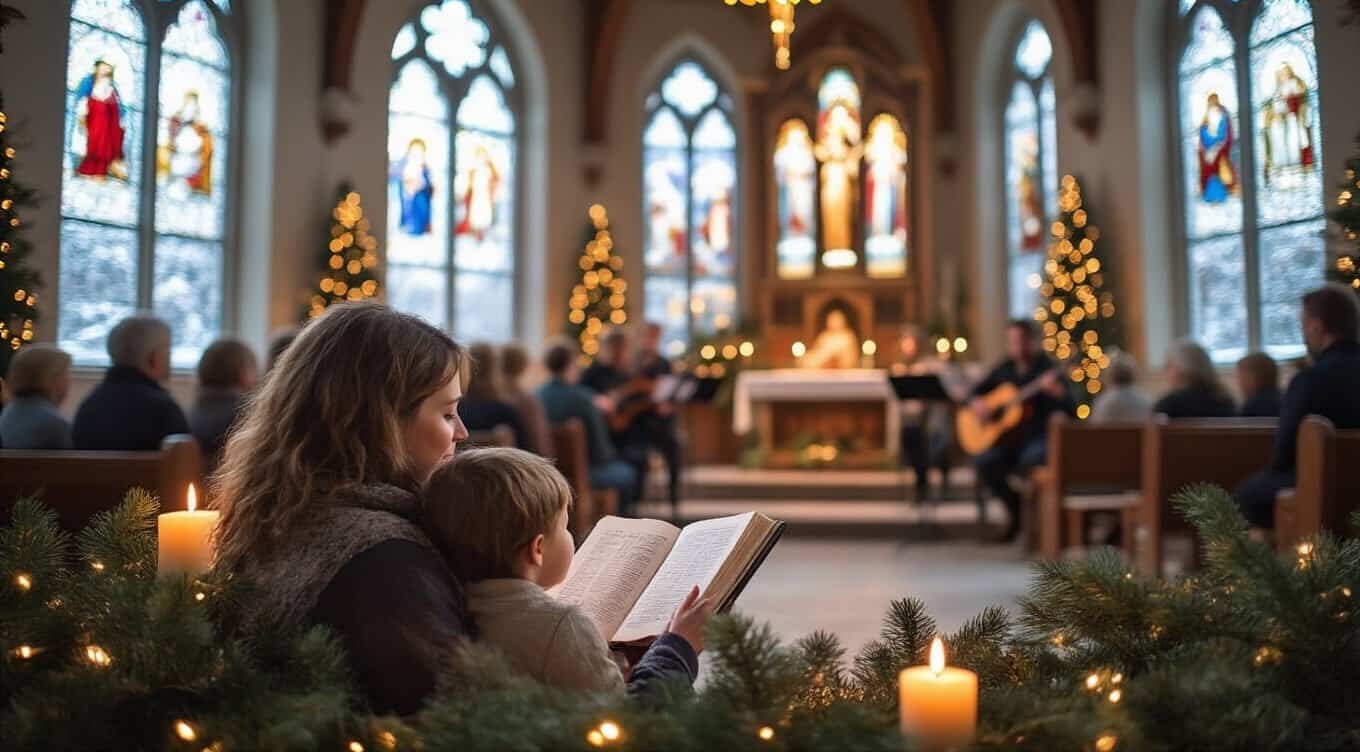 1. Children praying and reading the Bible during Christmas service in a church with stained glass windows and Christmas decorations.