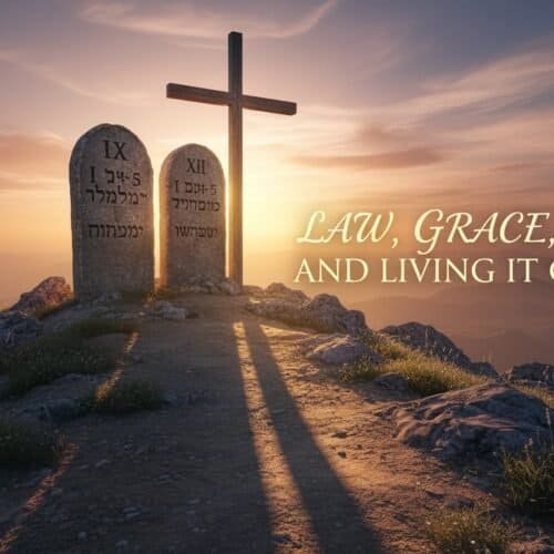 Inspirational Christian scene with cross, tombstones, and sunset on mountain overlooking valleys, symbolizing faith, grace, and living out biblical values. Perfect for religious imagery and spiritual reflection.