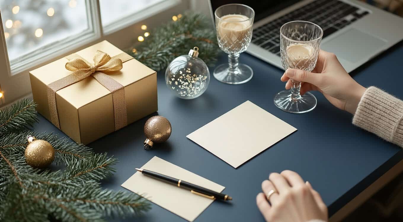 Decorative holiday setup with Christmas ornaments, gift box, and a cozy atmosphere for enjoying holiday traditions.