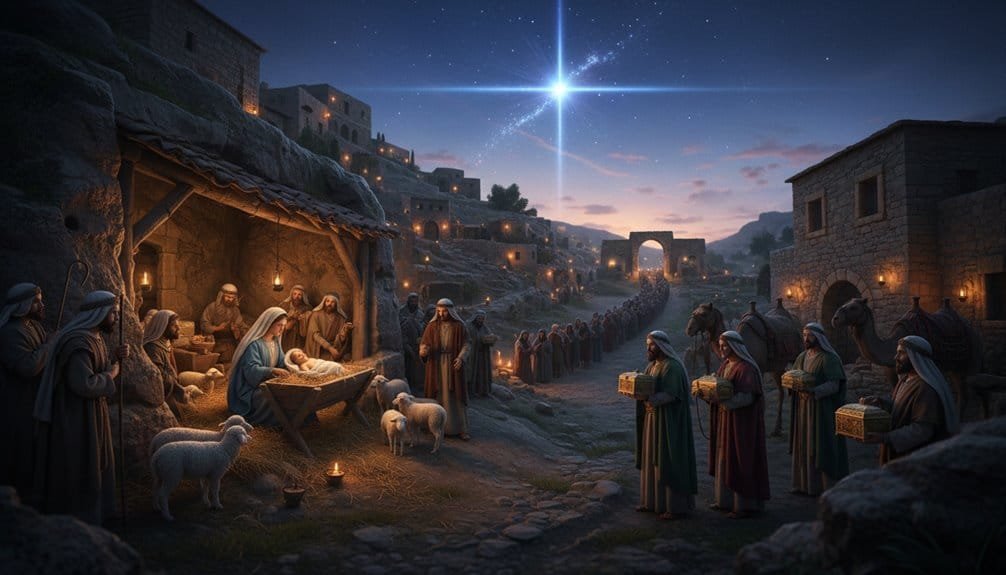 Dark night scene of Nativity with infant Jesus, Mary, Joseph, shepherds, wise men, animals, and the guiding star above Bethlehem. Perfect for Bible-based Christmas decorations and religious celebrations.