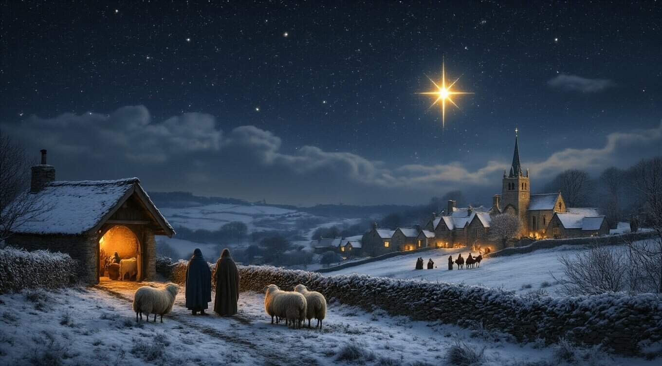Bright star shines over a snowy Nativity scene with Mary, Joseph, and sheep, symbolizing the birth of Jesus Christ; a peaceful, Christmas religious scene.