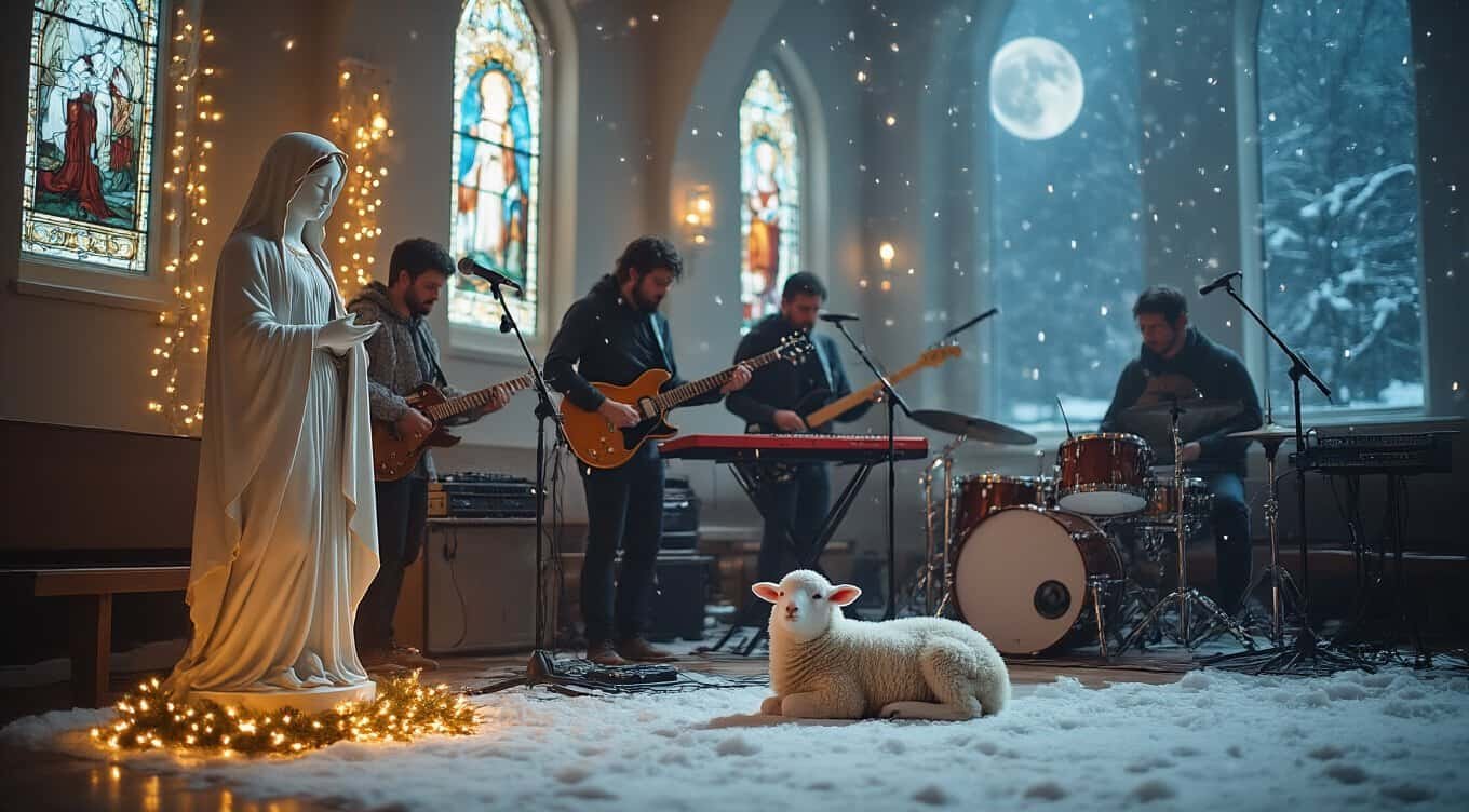 Peaceful Christmas church scene with a live worship band, nativity statue, and a snowy window view, emphasizing faith, worship, and holiday spirit.