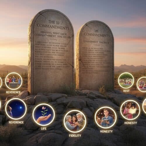 For those seeking spiritual guidance, the image celebrates core biblical values and the significance of living according to God's commandments, emphasizing faith, reverence, honesty, and contentment.