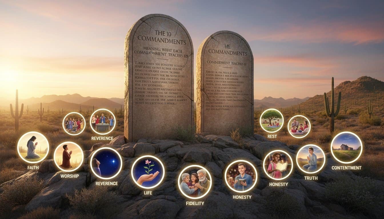 For those seeking spiritual guidance, the image celebrates core biblical values and the significance of living according to God's commandments, emphasizing faith, reverence, honesty, and contentment.