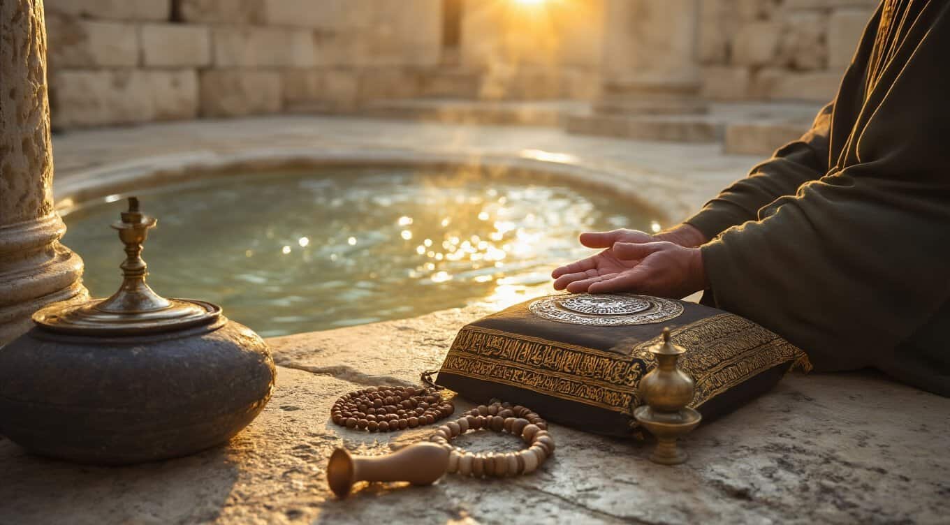Blessed person praying by a sacred water fountain at sunset with religious items, bible, prayer beads, and lamp, illustrating spiritual devotion, faith, prayer, and worship in a peaceful, sacred setting.