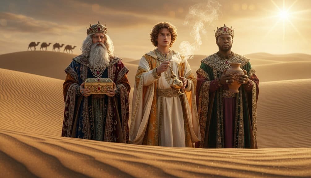 Alt text: Biblical scene of three wise men dressed in regal robes, holding gifts, worshiping Jesus in a desert landscape with camels in the background during sunset.