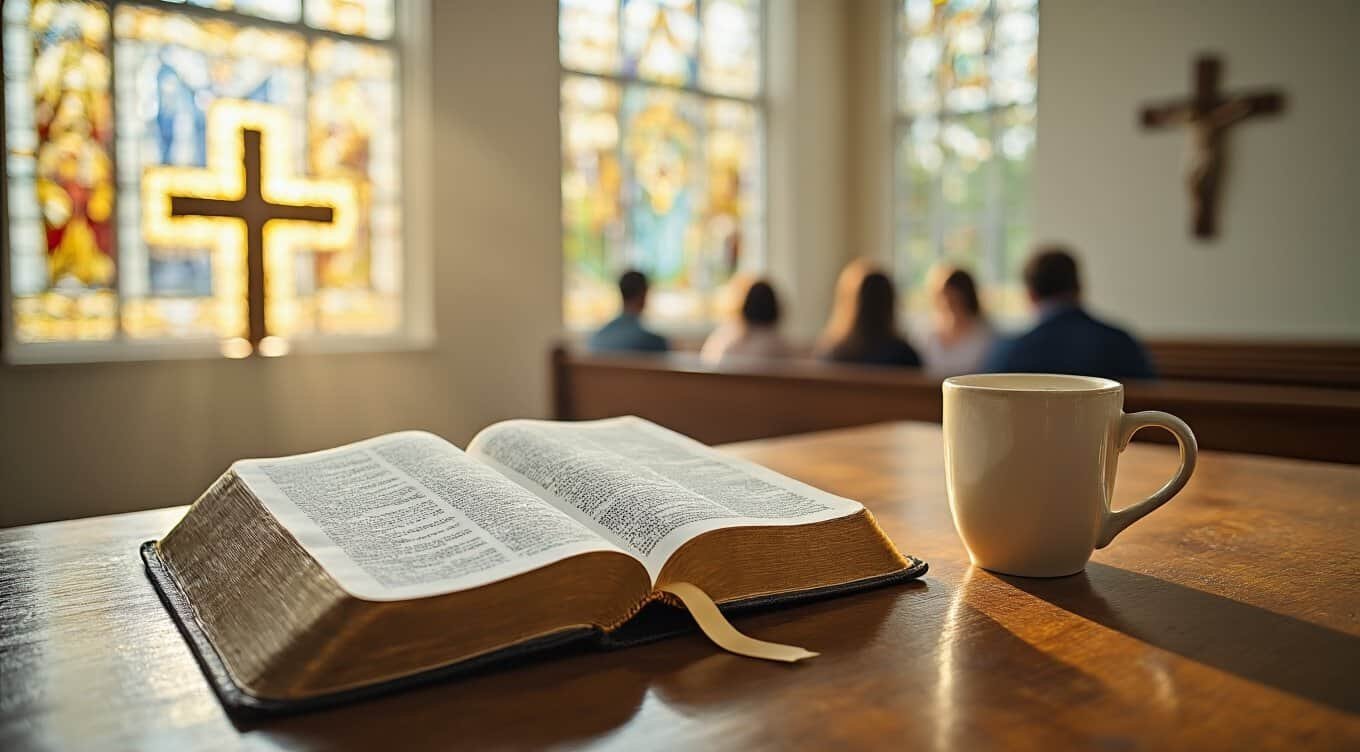 Open Bible and Coffee Mug in Church Scene with Worshippers in Background, Sunlight Streaming through Stained Glass Windows.