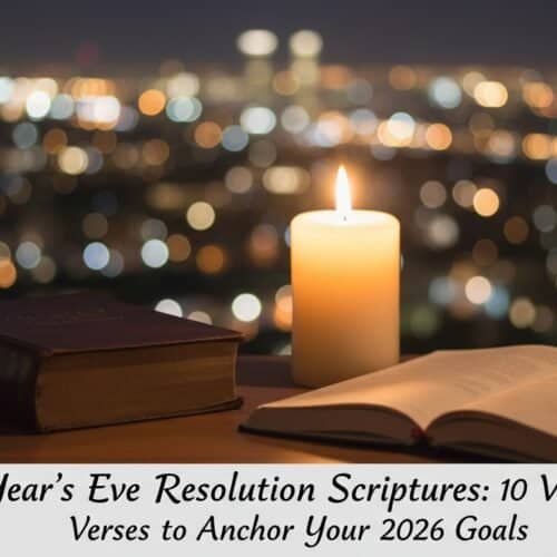 Peaceful night scene with an open Bible, candlelight, and city lights in the background, perfect for spiritual reflection, prayer, and connecting with God through scripture.