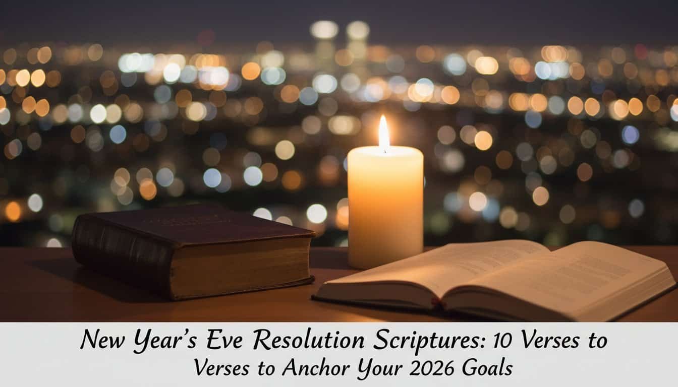 Peaceful night scene with an open Bible, candlelight, and city lights in the background, perfect for spiritual reflection, prayer, and connecting with God through scripture.